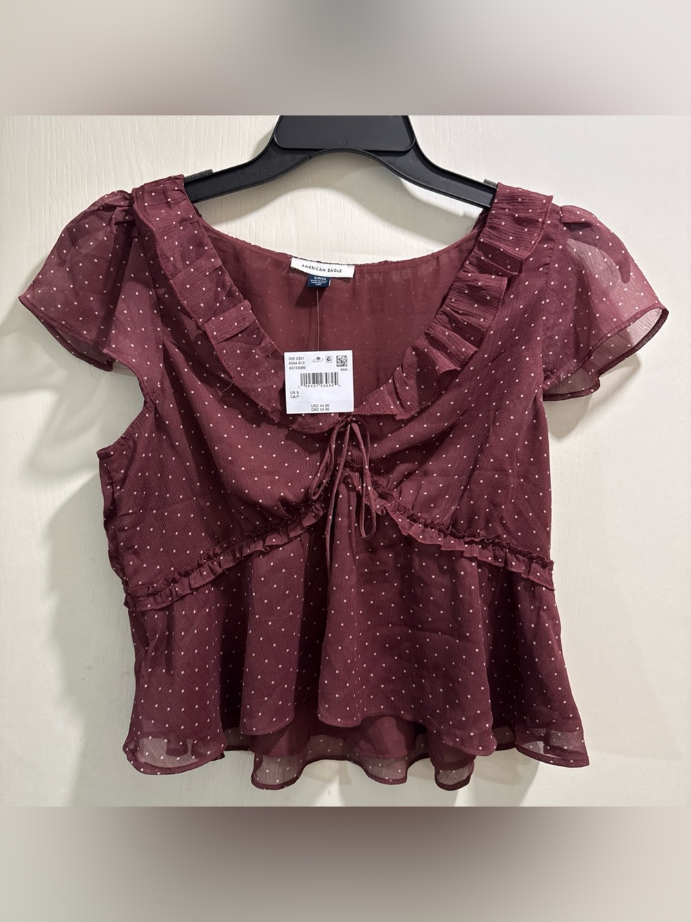 American Eagle Outfitters Burgundy Polka Dot Ruffle Tie-Front Peplum Blouse
